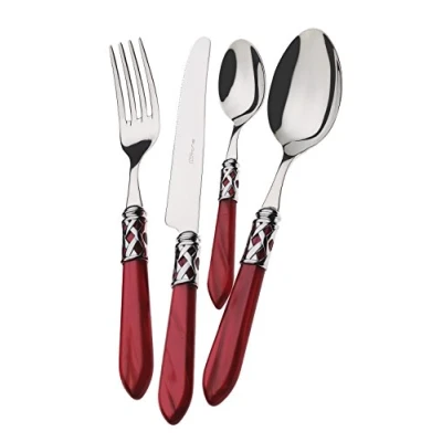 Imagen de Cubertería BUGATTI, Aladdin, 24 piezas en acero inoxidable 18/10, aro cromado y mango color BORDEAUX con efecto nácar. para 6 personas: cucharas, tenedores, cuchillos cucharas de café
