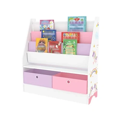 Imagen de [en.casa] Estantería para Niños con Motivo de Unicornio Organizador Libros 3 Estantes y 2 Cajones Plegables 74 x 71 23 cm Blanco/Morado/Rosa
