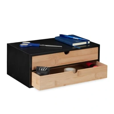 Imagen de Relaxdays Organizador de Escritorio con 2 Cajones, Bambú Veteado y MDF, Cajonera Sobremesa, 14x33x21cm, Negro/Natural, Tablero Fibras