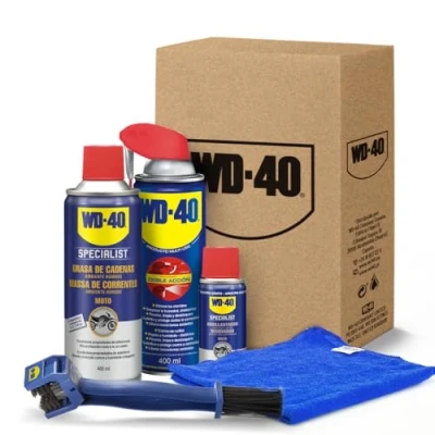 Imagen de WD 40 Specialist Motorbike Kit Mantenimiento Total Multi usos + Gasa de Cadenas Abrillantador Plásticos y Gomas Cepillo Limpia Paño Microfibra