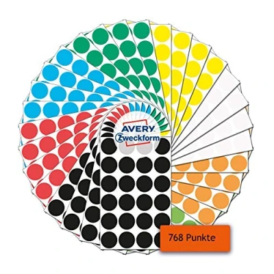 Imagen de Avery Zweckform 768 puntos adhesivos (autoadhesivos, diámetro de 18 mm, 8 colores por 96 adhesivos, pegatinas redondas para calendario, planificador y manualidades, papel, mate) 59998