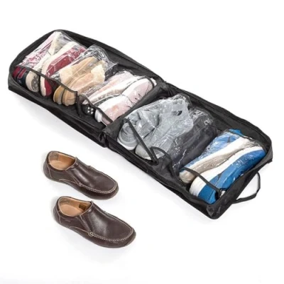 Imagen de InnovaGoods Bolso de Viaje para Calzado, 6 Compartimentos Transparentes, Capacidad 12 Zapatos, Diseño Compacto y Ligero, Negro, Mediano, Poliéster