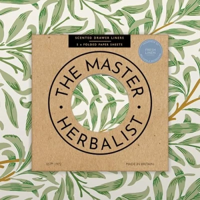 Imagen de The Master Herbalist Forros perfumados para cajones con aroma a lino fresco en un diseño de William Morris (plegado) Paquete 5 hojas Contiene aceites esenciales Fabricado el Reino Unido