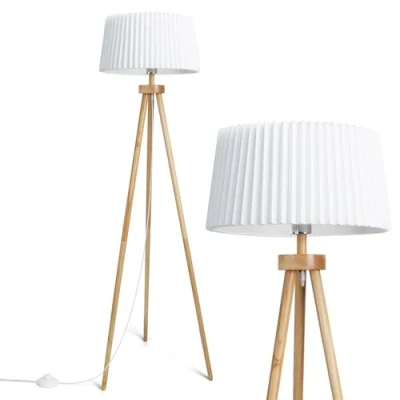 Imagen de Aigostar Lampara de Pie tripode E27 Vintage Madera Maciza para Salón， Plisada Pantalla Blanca Lino， Cable 180 cm con Interruptor Pie， Sin Bombilla， Estilo Nórdico