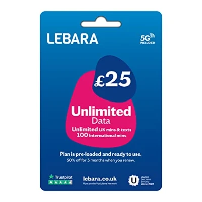 Imagen de Lebara Tarjeta SIM de pago ilimitado datos del Reino Unido, minutos y mensajes texto ilimitados 100 internacionales por £25