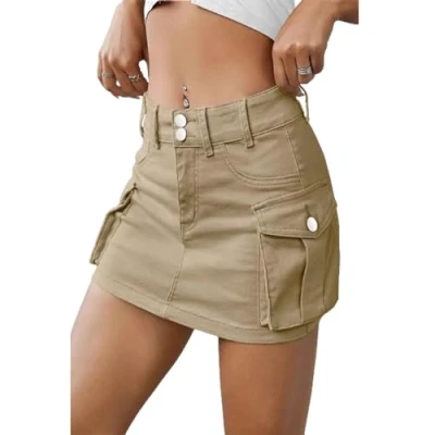 Imagen de TJDKKYH Falda Tipo Cargo Ajustada, de Cintura Baja, Minifalda Vaquera con Botones para Mujer (M,Khaki)