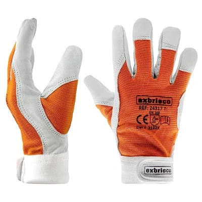 Imagen de EXBRIECO Guantes de Piel Cordero para Jardinería y Construcción, Trabajo Profesionales en Cuero, Protección CAT 2, Resistentes a las Espinas, Ajustables con Cinta Velcro