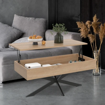 Imagen de Mesa de centro rectangular ALIX 100 cm con tablero elevable y patas araña negras madera