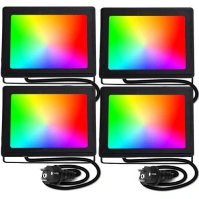 Imagen de Aigostar Foco LED RGB con Enchufe,50W,4 Piezas,con mando a distancia,iluminación de colores,6 modos funcionamiento estroboscópico.Iluminación regulable,temporizador,IP65,Uso interior y exterior