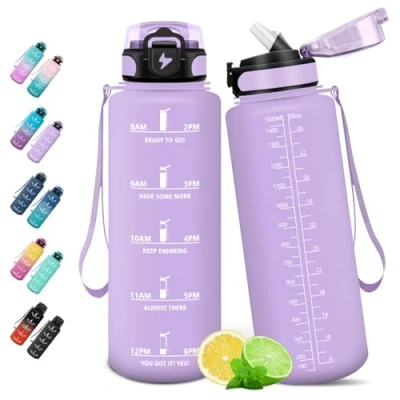 Imagen de HoneyHolly Botella Agua, 1.5L Agua Gimnasio con Pajita, de Marcador Tiempo, Deportiva, Prueba Fugas, Cantimplora para Escuela, Senderismo, Fitness