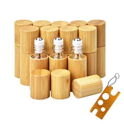 Imagen de 12 Botellas de bambú 5 ml para aceites Esenciales, Botella Aceite Masaje portátil Interior Transparente con Bola Rodillo Acero Inoxidable