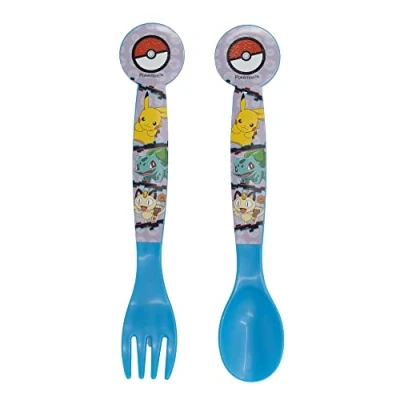 Imagen de Set de 2 cubiertos infantiles reutilizables plástico compuesto tenedor y cuchara Pokemon