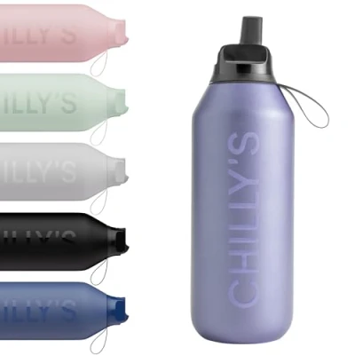 Imagen de Chilly&#039;s Serie 2 Flip Botella con Tapa deportiva, pajita telescópica y anillo de transporte nailon abre fácil, cepillo limpieza para incluido 500ml Lavender