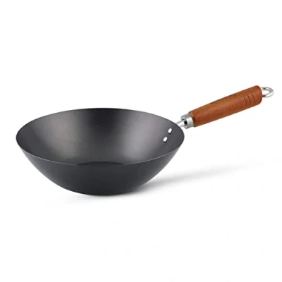Imagen de Ken Hom Wok Acero Carbono Antiadherente, 27cm, Classic, Sartén Sin Inducción/Con Mango De Madera/Base Plana, No Apto Para Lavavajillas, KH327001