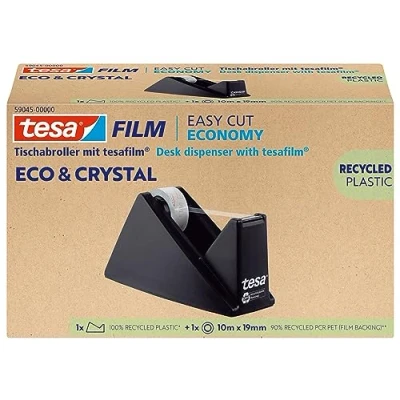 Imagen de tesa film eco &amp; crystal Cinta Adhesiva Transparente de Plástico PET reutilizado, Resistente al Rasgado, con una Fuerte Capacidad Adhesión, Set Dispensador Mesa, 1 Rollo 10 m x 19 mm