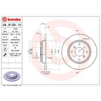 Imagen de BREMBO 08.9139.10 Disco de freno 260 10 4 macizo con tornillos HONDA: PRELUDE