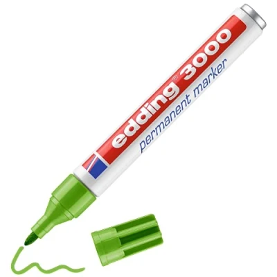Imagen de edding 3000 marcador permanente verde claro 10 rotuladores punta redonda 1,5 3 mm indeleble de secado rápido resistente al agua y a los borrones cartón, plástico, madera, metal universal