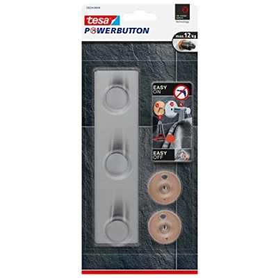 Imagen de tesa Powerbutton Gancho Adhesivo Triple para Pared Montaje sin Taladrar Fijación Extrafuerte con soporte hasta 12 kg Tecnología 45 x 36 180 mm Acero