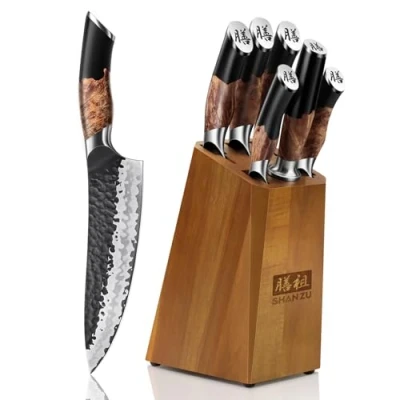 Imagen de SHAN ZU Juego de Cuchillos Cocina con Bloque, Set Japonés Forjado a Mano, Acero 9Cr18MOV 7 Capas, Bloque Cuchillo Afilador Profesional, Mango Madera Arce