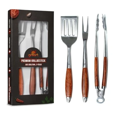 Imagen de grillart® Juego de cubiertos premium para barbacoa, 3 piezas acero inoxidable alta calidad y mangos madera nobles, pinzas, espátula barbacoa tenedor con mango extralargo, el accesorio