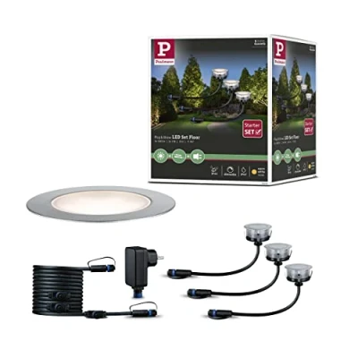 Imagen de Paulmann 936.92 Outdoor Plug &amp; Shine Floor Eco, juego básico de 3 uds., 3000 K 3x1 W, plateado, 93692 luminaria empotrable en el suelo LED, exterior