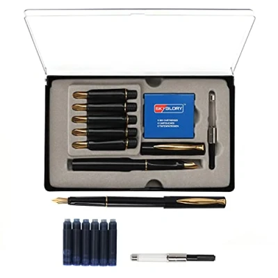 Imagen de Kurtzy Kit de Caligrafía con 6 Plumas, Cartuchos y Adaptador tinta (14 Piezas) Pluma estilográfica azul Ideal para principiantes