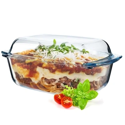 Imagen de KADAX Cacerola de cristal con tapa vidrio resistente al calor, recipiente ignífugo para lasaña, guiso verduras, asador asar en el horno (rectangular 5,8 L)