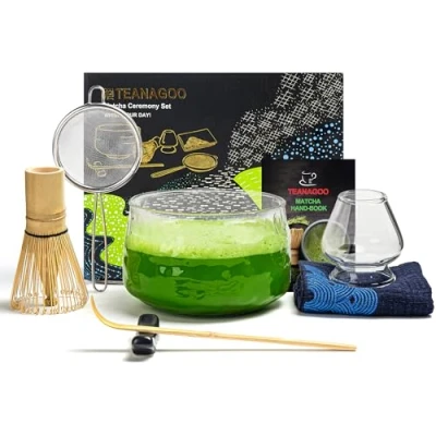 Imagen de TEANAGOO Batidor de Matcha Japonés (7 piezas) Set Mtacha Kit Cuenco Bambú (chasen) Cuchara (chashaku) Whisk Holder.N29,Cristal transparente