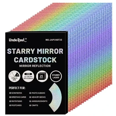 Imagen de cartulina A4 con efecto espejo estrellado, 25 hojas de 250 g/m²/92 lb, papel reflectante brillante para manualidades, láser a color decoración cumpleaños y bodas UAP19ST25