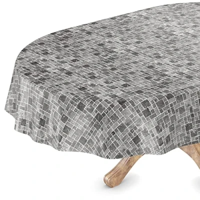 Imagen de Mantel de hule vinilo, lavable, ovalado, 140 x 220 cm, borde cortado, azulejos, antracita