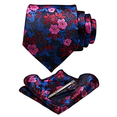 Imagen de JEMYGINS Conjunto de Corbata con Flores y Pañuelo para Hombre Pinza Disponible Rojo/Rosa/Azul