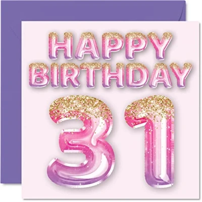 Imagen de Tarjeta de cumpleaños número 31 para mujer, globos purpurina rosa y morada, tarjetas feliz mujer años, amiga, hermana, madre, tía, 145 mm x mm, felicitación