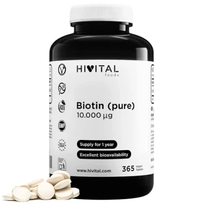 Imagen de Biotina 10.000 mcg (Vitamina B7) 365 comprimidos (Suministro anual) Estimula el crecimiento del cabello, ayuda a mantener la piel y las uñas sanas, activa metabolismo Apto para Veganos.