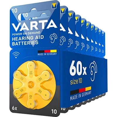 Imagen de VARTA pilas para aparatos auditivos tipo 10 amarillo, paquete de 60, Power on Demand, batería audífono, botón audífonos, Made in Germany