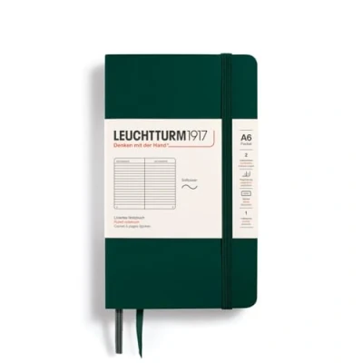 Imagen de LEUCHTTURM1917 370328 Libreta Pocket (A6) 90 x 150 mm, Tapa Blanda, 123 páginas numeradas, Forest Green, Lineas