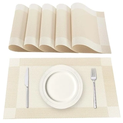 Imagen de Lumaca Manteles Individuales Lavables, Juego de 6 Salvamanteles en 70% PVC y 30% Poliéster, Antideslizantes, Resistentes al Calor, para Mesa Cocina,Beige
