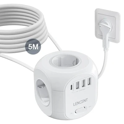 Imagen de LENCENT Cubo Regleta Enchufes 5M con Enchufe Plano para Uso Interior, 8 En 1 4 Tomas de CA, 3 USB y Tipo C Familia, Cocina Oficina