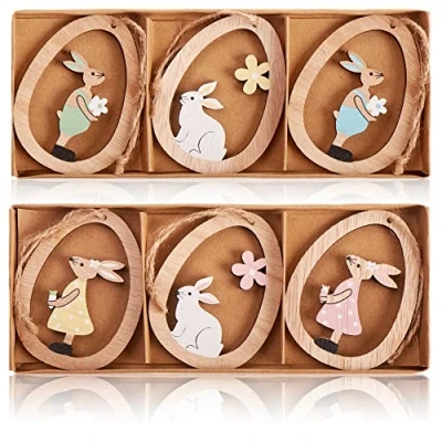 Imagen de com four® 6X Adornos Decorativos de Forma conejitos Dentro Huevos pascuales Madera para Decorar el árbol Pascua (06 Piezas Conejo en Huevo)