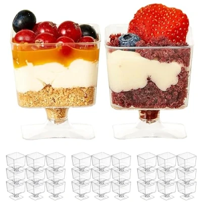 Imagen de MATANA 100 Vasitos de Postre Individuales Plástico Reutilizables, 60ml Cuencos para Aperitivos, Mini Vasos Postres Catering, Fiestas, Bodas