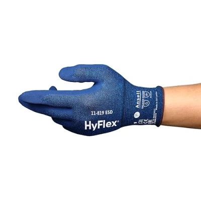 Imagen de Ansell HyFlex 11 819 Guantes de Trabajo Extra Finos, Revestimento Nitrilo Antideslizante, Protección Descargas Electrostáticas, Antiestático, Touchscreen, Azul, Talla S (1 Par)