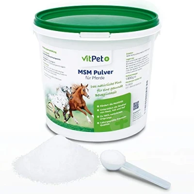 Imagen de VitPet+ MSM Horse Polvo Premium para caballos en cubo de 1,8 kg, incluye cuchara dosificadora (polvo metilsulfonilmetano/azufre y perros)