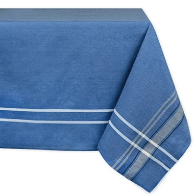 Imagen de DII French Stripe Tabletop Collection Mantel de lino para mesa comedor estilo rústico con diseño rayas francesas, 152 x 304,8 cm, azul Chambray