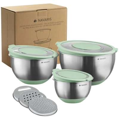 Imagen de Navaris Set de 3x cuenco acero inoxidable Juego boles cocina con tapa y rallador Cuencos ralladores intercambiables Para queso verdura Aptos lavavajillas