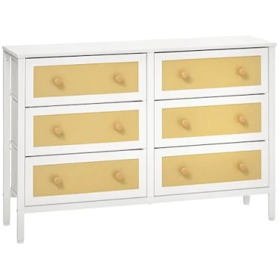 Imagen de HOMCOM Cómoda Moderna con 6 Cajones de Tela Plegable para Dormitorio Cajonera Superficie Ratán PE y Marco Acero Salón 120x30x83 cm Blanco