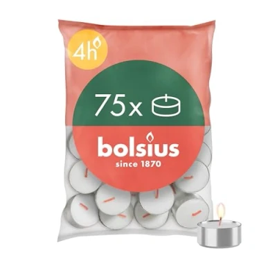 Imagen de Bolsius D Light velas de té, paquete 75 unidades, en bolsa, tiempo combustión, 4 horas, decorativas para el hogar, color blanco, cera vegetal natural, sin aceite palma