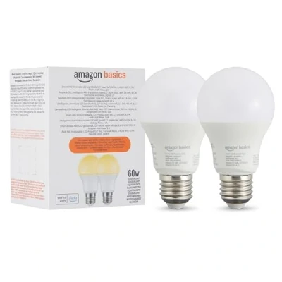 Imagen de Amazon Basics Bombilla led inteligente A60 regulable, casquillo E27, WiFi de 2,4 GHz, 8.5 W, paquete 2 funciona solo con Alexa, Blanco suave