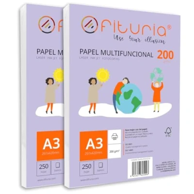 Imagen de Paquete de folios A3 200gr con 500 Hojas Blancas, Papel Multifuncional para Uso Escolar y Entornos Laborales. Ideal impresoras láser, inyección o fotocopiadoras Ofituria