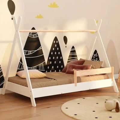 Imagen de smartwood Tipi Cama Infantil 80x160 con somier y barandilla Montessori en Forma de casa para niños niñas Madera contrachapada Pino 160x80 Blanco