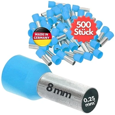 Imagen de Kalitec AE02508HBL 500 casquillos aislados 0,25 mm², 8 mm de largo, color azul claro, fabricado en Alemania, calidad industrial