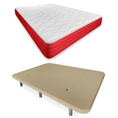 Imagen de DUÉRMETE ONLINE Cama Completa con Colchón Fresh Reversible Base Tapizada Reforzada Color Beige 6 Patas, Beige, 135 x 190 cm
